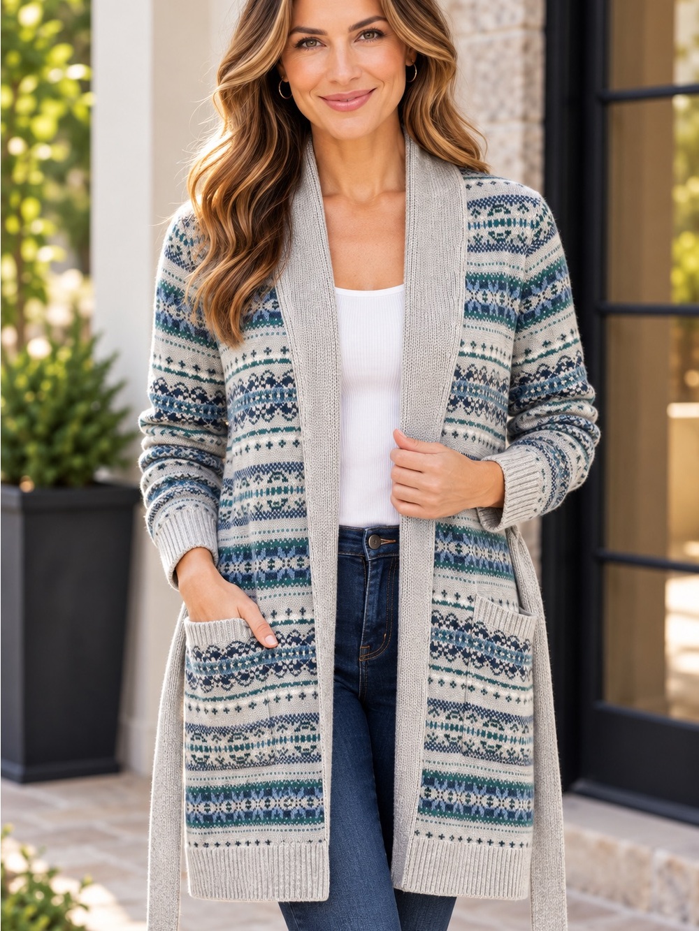 NWT J McLaughlin Small Fair Isle 100% Merino Wool Belted Cardigan MSRP $378